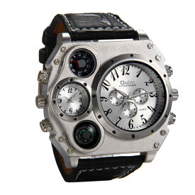 JewelryWe ファション メンズ 多機能 腕時計 数字文字盤 アナログ表示 レザーバンド スポーツウオッチ 羅針盤,温度計機能 シルバー,ブラック