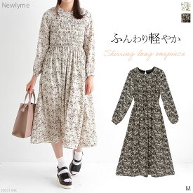 小花柄シャーリングロングワンピース レディース ワンピース シフォン ジョーゼットワンピース 長袖 フェミニン Newlyme 秋 冬 ブラック オフホワイト ブラウン M 小花柄 シンプル 夢展望 2403SALE