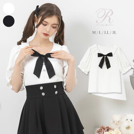 【SALE】【メール便対応】リボンビジューフリル襟ブラウス レディース トップス ブラウス シャツ 半袖 Rose DearMyLove 春 夏 ホワイト ピンク ブラック M L LL 3L フレンチガーリー フェミニンガーリー 量産型 リボン ビジュー フリル リボン 夢展望