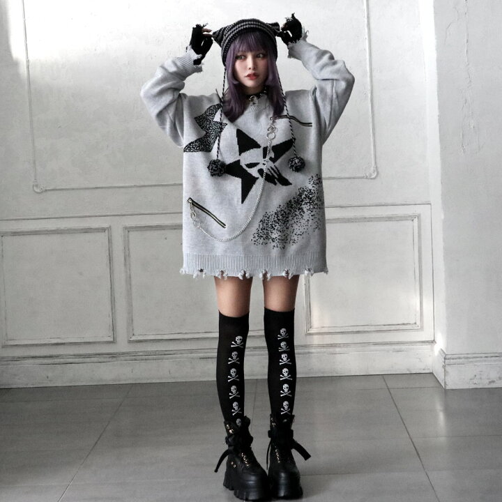 楽天市場】スカル×星×イナズマダメージオーバーニット ニット トップス  