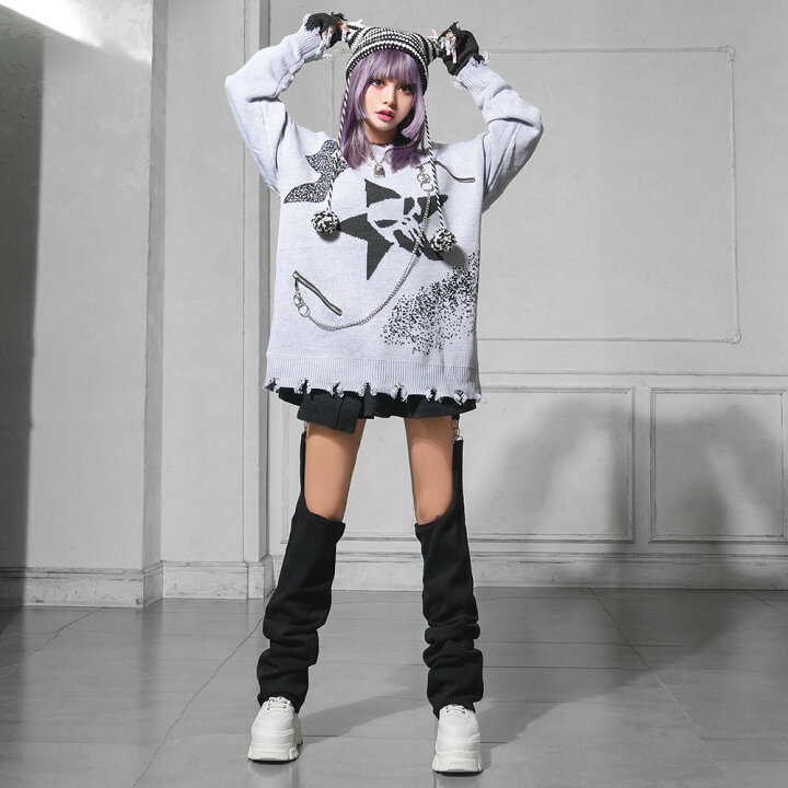 楽天市場】スカル×星×イナズマダメージオーバーニット ニット トップス  