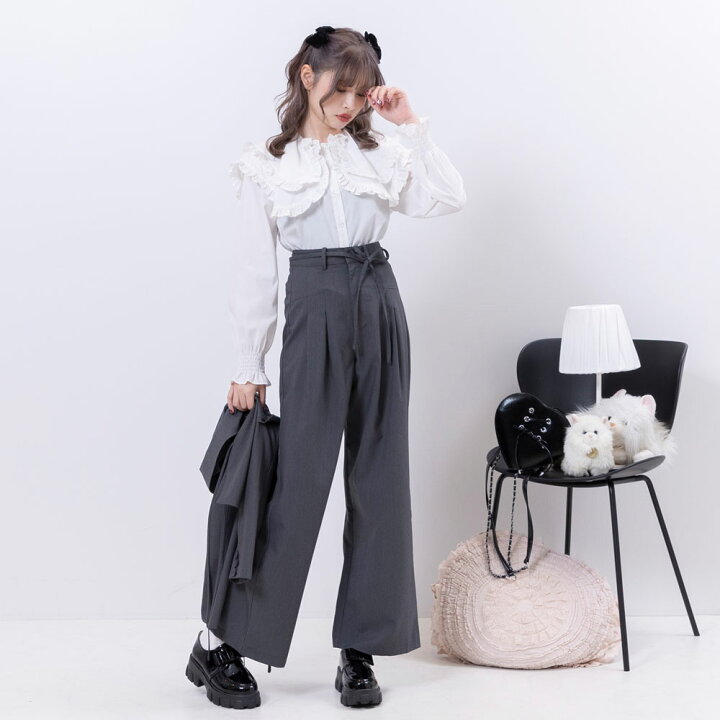 楽天市場】【SALE】 リボンベルト付シンプルタックワイドパンツ 