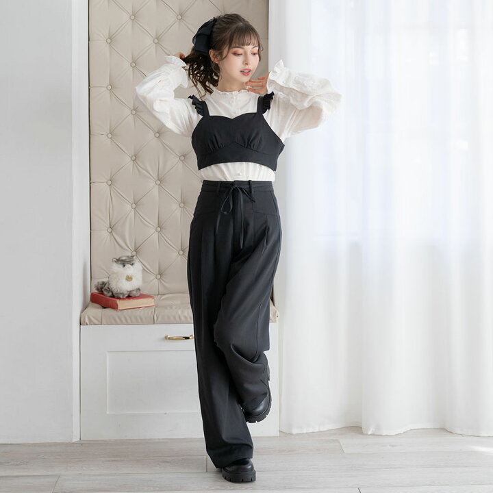 楽天市場】【SALE】 リボンベルト付シンプルタックワイドパンツ 