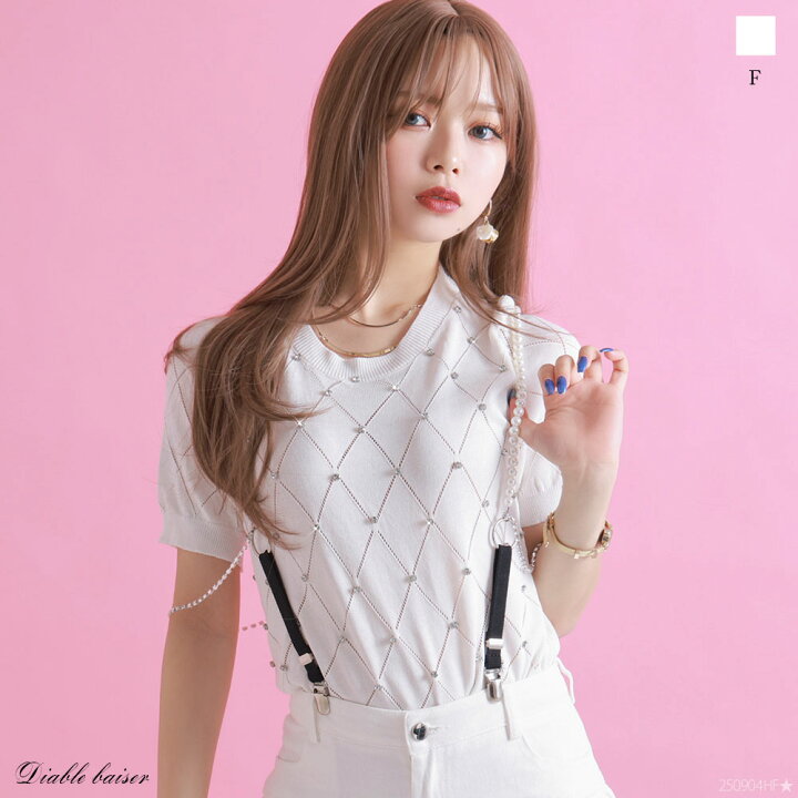 楽天市場】ダイヤ柄ビジューさらさらニットトップス : 夢展望 YUMETENBO 