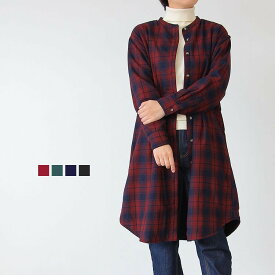裏フリースチェック ノーカラーワンピース レディース トップス ライトアウター チェックシャツ ネルシャツ シャツワンピース スタンドカラー 裏起毛 暖か 体型カバー 冬 防寒 送料無料