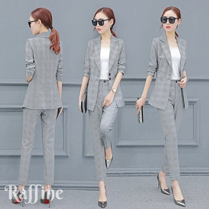 パンツスーツ セットアップ チェック グレー インポート 韓国 フォーマル M 激安通販専門店