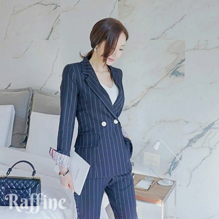 楽天市場 パンツスーツ レディース おしゃれ セットアップ パンツドレス 韓国 ネイビー S M L Xl ストライプスーツ ジャケット ファッション ズボン T かわいい 冬 秋冬 顔合わせ 結婚式 パーティードレス通販 Raffine