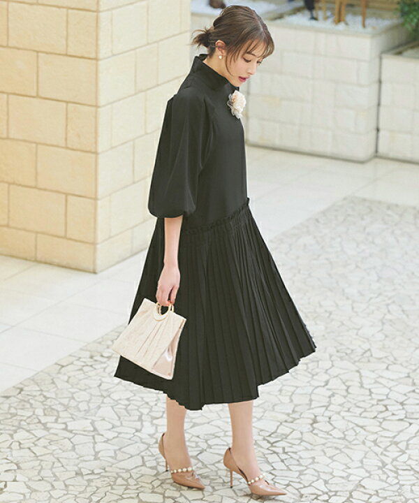 ルイ ルエ ブティック] クラシカル パフスリーブ プリーツ ワンピース  