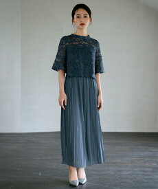 【一部予約】パーティードレス 結婚式 披露宴 二次会 ワンピース 袖付き 半袖 レース袖 Aラインワンピース ウエスト切り替え ミモレ丈 プリーツスカート バックファスナーあり ホックあり 裏地あり レイヤード フェミニン dsj0017