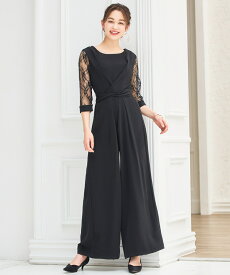【5994円40%OFFで】パーティードレス ジャンプスーツ パンツドレス 結婚式 披露宴 二次会 袖付き 七分袖 レース袖 ワイドパンツ フレアパンツ ウエスト切り替え ウエストリボン アンクル丈 ファスナーあり dsz0045