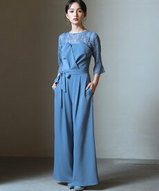 エレガントなレースブラウスと脚長ジャンプスーツの2点セット ワイド セミフォーマル 謝恩会 式典 発表会 オケージョン スタイルアップ ハイウエスト ウエストゴム ラウンドネック 卒業式 入学式 入園式 フォーマル