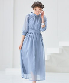 【4995円50%OFFで】【一部予約】オーガンジー素材がしなやかに揺れるAラインドレス S M L 袖あり 裏地 ウエストゴム クルーネック バックリボン 20代 30代 40代 青 桃色 黒 食事会 パーティー 普段使い お呼ばれ卒業式 入学式 入園式 卒園式 フォーマル