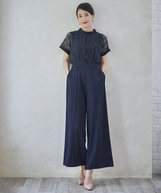 【5994円クーポン利用で】パンツスタイルでも華やかなオールインワン レース切り替え セミフォーマル 謝恩会 式典 発表会 オケージョン 脚長 スタイルアップ ハイウエスト ウエストゴム スタンドカラーフォーマル卒業式 入学式 入園式 卒園式 母 ママスーツ