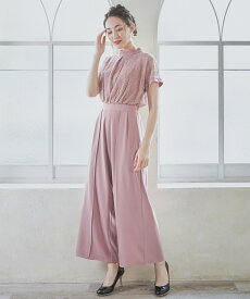 【期間限定50%OFF】 パンツスタイルでも華やかなオールインワン レース切り替え セミフォーマル 謝恩会 式典 発表会 オケージョン 脚長 スタイルアップ ハイウエスト ウエストゴム スタンドカラーフォーマル卒業式 入学式 入園式 卒園式 ママスーツ