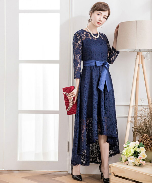 楽天市場 50円クーポン利用で パーティードレス 結婚式 ワンピース ミモレ丈 七分袖 大きいサイズ 体型カバー パーティー お呼ばれ ドレス ミモレ 膝下 レース シンプル きれいめ フォーマル ダマスク ママ 母 夏 秋冬 大人 可愛い お呼ばれドレス パーティー