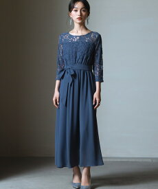 【5995円50%OFFで】透け感レースとシフォンのレイヤードを楽しむAラインワンピースドレス ＜企画＞ S M L XL XXL 袖あり 裏地 ラウンドネック 丸首 ゴム 20代 30代 40代 食事会 パーティー お呼ばれ レイヤード卒業式 入学式 入園式 卒園式 フォーマル