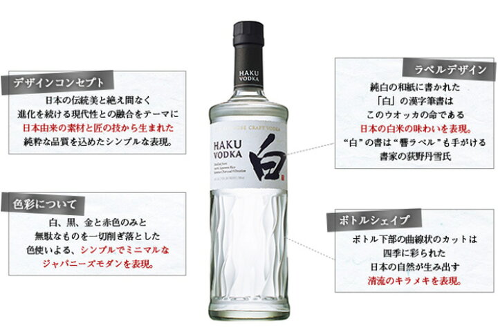 楽天市場】サントリー ジャパニーズクラフトウォッカ HAKU (40%) 700ml瓶 (スピリッツ) : ドリンクキング 楽天市場】サントリー ジャパニーズクラフトウォッカ HAKU (40%) 700ml瓶 (スピリッツ) : ドリンクキング
