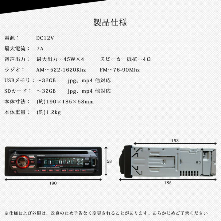 楽天市場 1din Dvdプレーヤー カーオーディオ 車載 Dvd アンプ内蔵 Fm Cd Sd Usb Cprm対応 Aux Mp4 あす楽 送料無料 619d ドライブワールド