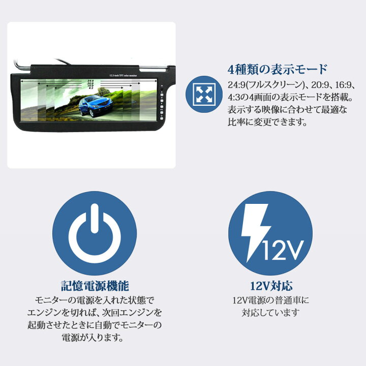 楽天市場】サンバイザーモニター 12.2インチ 左右セット 分配器付き 