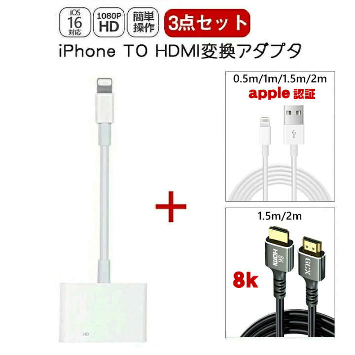 iphone HDMI変換アダプタ 2m HDMI ケーブル２点セット