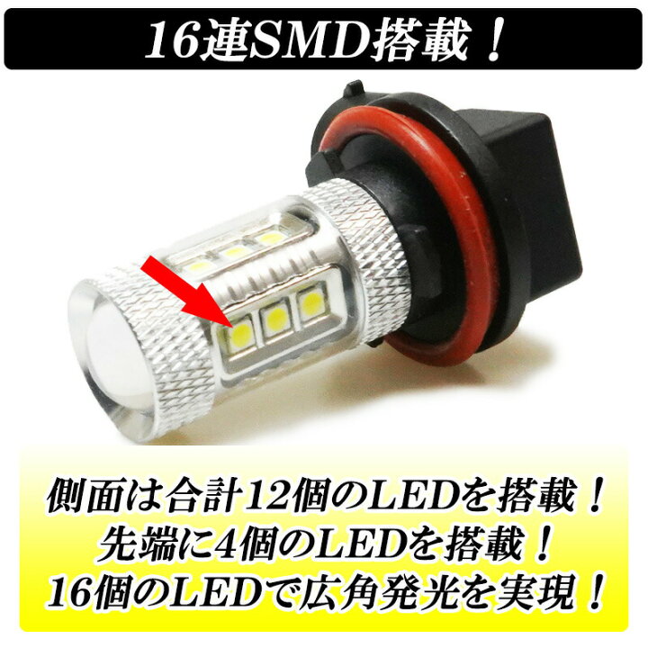 楽天市場】LED フォグランプ H8 H11 H16 ホワイト 車検対応 16連LED 