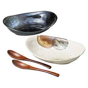 M-mode オーバル カレー鉢 皿 木製スプーン付 ペアセット 窯変 02361