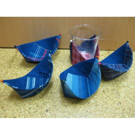 コースター5個セット パッチワーク キルト 材料セット キット 阿波しじら織 ダックリン オリジナル 藍色と赤 舟形 ウッドビーズ付き 形が可愛い 綿100％