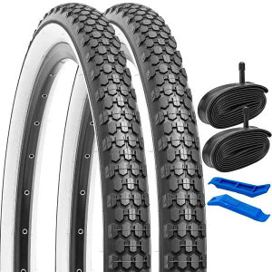 YunSCM 2本セット,26 2.125 タイヤ 黒+白,26x2.125 57-559 タイヤ カラー + 26x1.75/2.25 チューブ 肉厚 米式バルブ32mm +タイヤレバ,適用 26インチ 2.125 マウンテンバイク、クロスバイク,P-