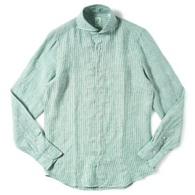 FINAMORE フィナモレ SERGIO BARI/240036 M0593 リネン ストライプ カッタウェイカラーシャツ GREEN