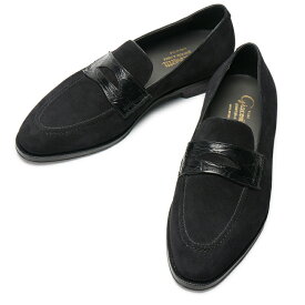 F.LLI Giacometti フラテッリジャコメッティ FG562 VELVINA NERO＋FIANCO COCCO スエード・クロコレザー コインローファーシューズ BLACK