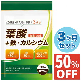 【50%OFF】 3ヶ月分 葉酸 480μg 鉄分 20mg カルシウム 200mg 11種類 ビタミンミネラル サプリメント 270粒 90日分 国内製造 送料無料