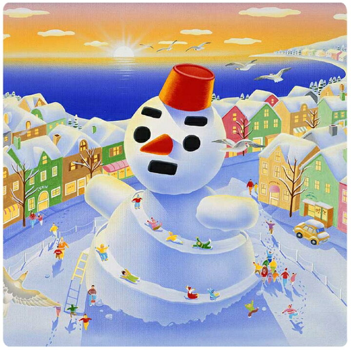 楽天市場 壁掛けアート アートパネル 風景画 イラストレーター 高橋宣孝 たかはしのぶたか イラスト 絵画 風景イラスト 雪だるまのすべり台で遊ぶ子供達のイラスト 雪遊び 雪景色 日の出 こども 冬休み 町並み エアルトアート