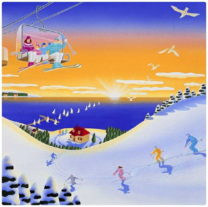 楽天市場 壁掛けアート アートパネル 風景画 イラストレーター 高橋宣孝 たかはしのぶたか イラスト 絵画 風景イラスト 初日の出スキー リフトに乗る親子のイラスト スキー場 冬 朝日 ヨット 船出 家路 家族 ファミリー 鳥 エアルトアート
