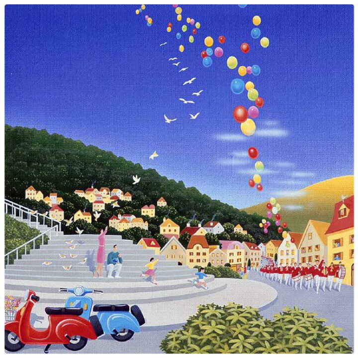楽天市場 壁掛けアート アートパネル 風景画 イラストレーター 高橋宣孝 たかはしのぶたか イラスト 絵画 風景画 ローマの休日スクーターとバンドの行進の絵 エアルトアート