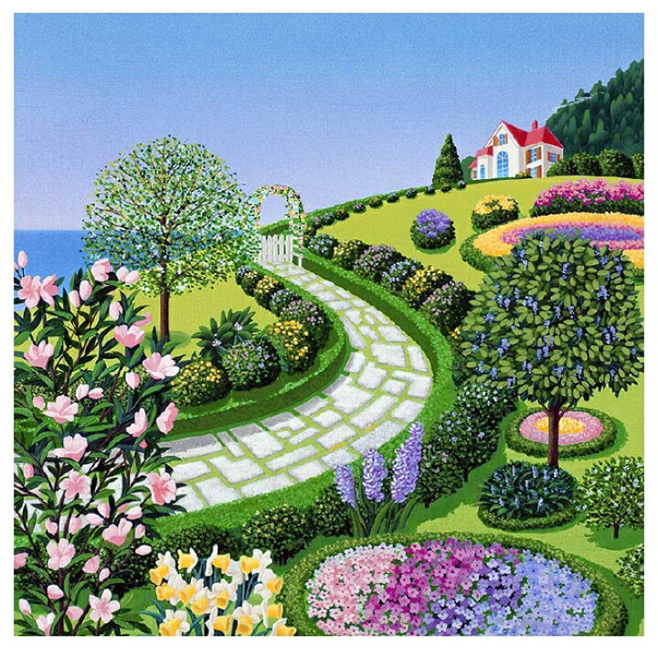 楽天市場 壁掛けアート アートパネル 風景画 イラストレーター 高橋宣孝 たかはしのぶたか イラスト 絵画 風景画 赤い家とお花の庭に石畳 りんどう 水仙 紫 ピンク 黄色 花 石 道 青空 海 赤い屋根 エアルトアート