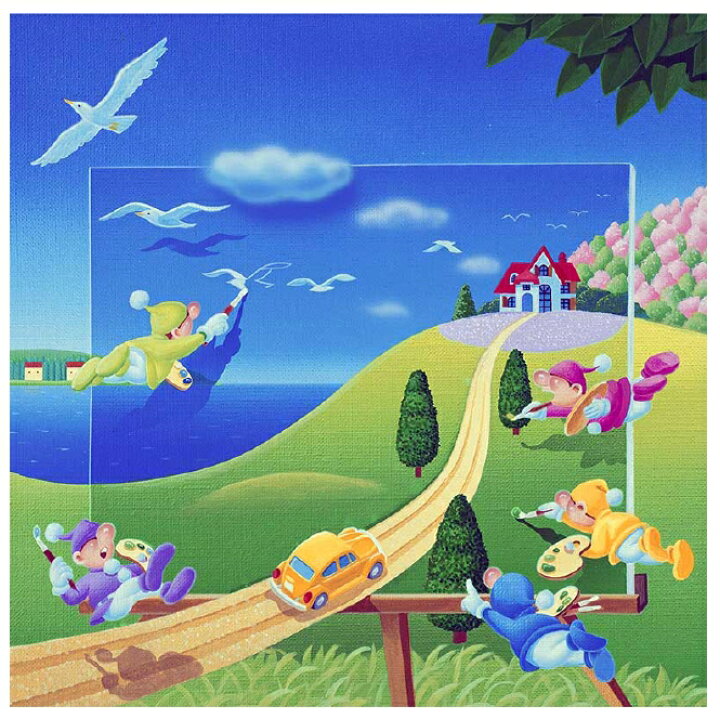 楽天市場 壁掛けアート アートパネル 風景画 イラストレーター 高橋宣孝 たかはしのぶたか イラスト 絵画 メルヘンイラスト 妖精が描く鳩 小人 赤い屋根 家 海 白い鳥 黄色 車 丘 エアルトアート