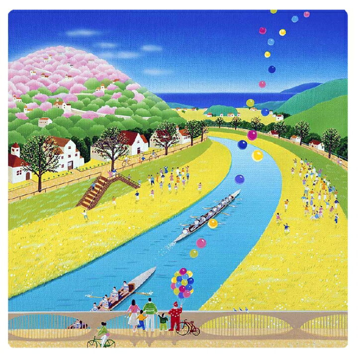 楽天市場 壁掛けアート アートパネル 風景画 イラストレーター 高橋宣孝 たかはしのぶたか イラスト 絵画 風景画イラスト 川 風船 船 レース カッターレース 河原 エアルトアート