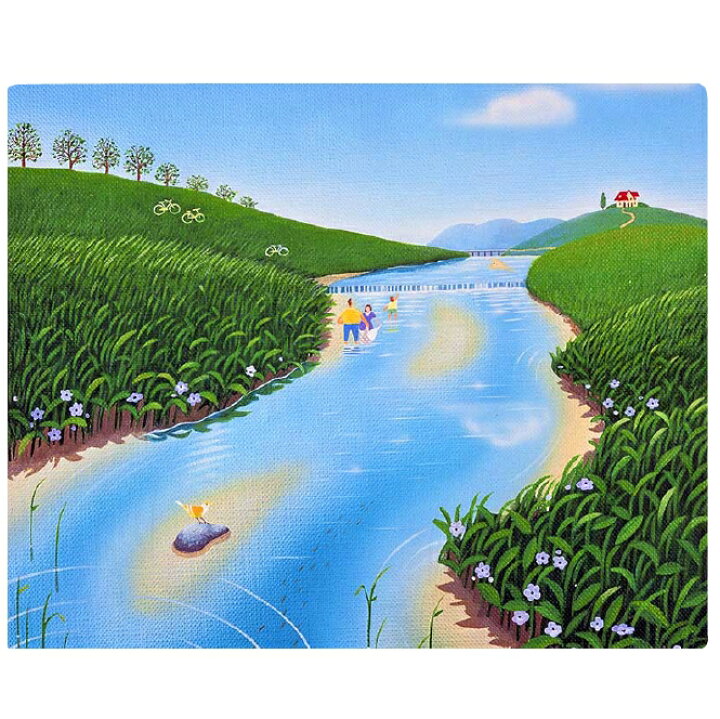 楽天市場 壁掛けアート アートパネル 風景画 風景画イラスト 川 家族 水遊び 河原 赤い屋根の家 青空 自転車 青い花 エアルトアート