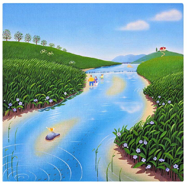 楽天市場 壁掛けアート アートパネル 風景画 イラストレーター 高橋宣孝 たかはしのぶたか イラスト 絵画 風景画イラスト 川 家族 水遊び 河原 赤い屋根の家 青空 自転車 青い花 エアルトアート