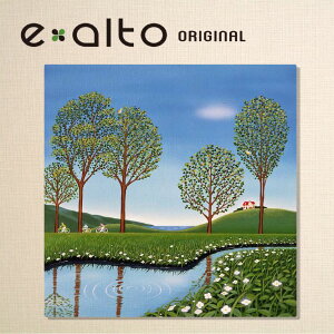 壁掛けアート アートパネル 風景画/イラストレーター 高橋宣孝 たかはしのぶたか/イラスト 絵画/風景画 早春の小川とサイクリングをするファミリー