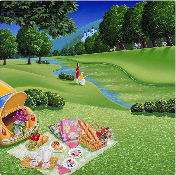 楽天市場 壁掛けアート アートパネル 風景画 イラストレーター 高橋宣孝 たかはしのぶたか イラスト 絵画 風景画 森の中でピクニック釣りを楽しむ男女の絵 エアルトアート