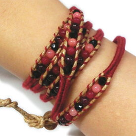 【天然石ブレスレット】（ロングタイプ）さり気ない天然石かきれいな、ぐるぐる糸巻き手編みブレスレット ピンク 長さ調節可能　チャンルー、ラップブレス