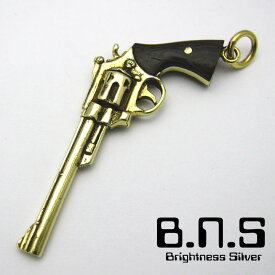 44マグナムリボルバーピストルペンダント 木製ウッドグリップ 真鍮 ブラス (武器 拳銃)【neck-1348-PB65】
