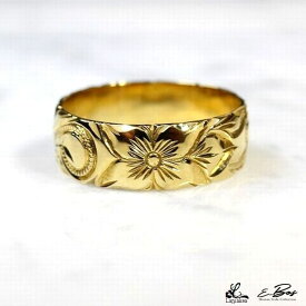 ハワイアンジュエリー リング 指輪 Laniakea K18 18金 手彫り 7mm幅 豪華 マリッジリング 結婚指輪 ゴールド リング メンズ レディース lfp023