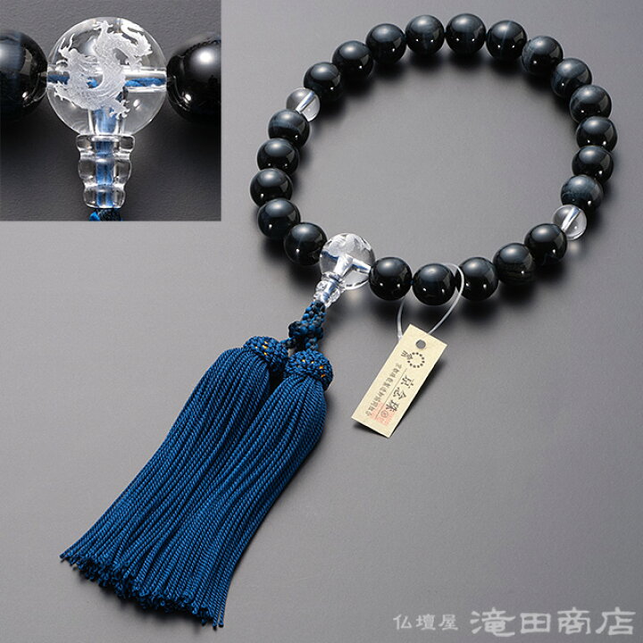 楽天市場】【数珠袋付き】 数珠 男性用 青虎目石 龍彫り本水晶 22玉  