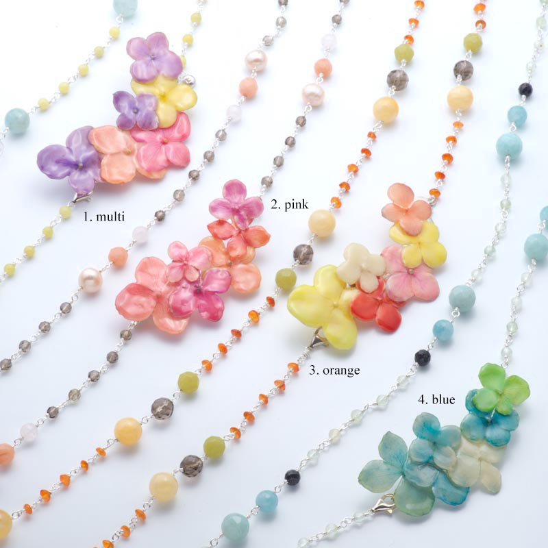 hydrangea cluster long necklace<br> 天然石 ロングネックレス 本物の花 アジサイ