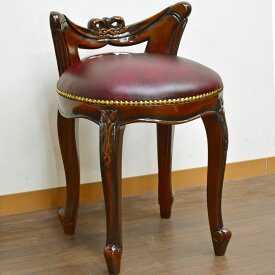 ★倉庫移転の為、総売り尽くしセール！★ リボン付き マホガニープリンセス 背もたれ付スツール ワイン合皮張り 送料無料 クッションチェアー 丸椅子 アンティーク風スツール おしゃれ デザイン 丸いす エレガント リビング ドレッサースツール 腰掛け