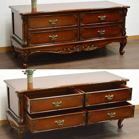 ★倉庫移転の為、総売り尽くしセール！★ マホガニーアンティーク調 幅120cm テレビラック 8mm天板ガラス付き 引出し4個 おしゃれ テレビボード テレビ台 完成品 テレビラック ローボード 収納 TV台 TVボード 木製 ブラウン カントリー家具 リビングボード