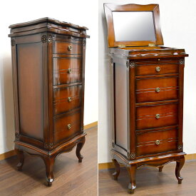 ★倉庫移転の為、総売り尽くしセール！★ マホガニー アンティーク家具 スペースチェスト ミラー付き チェスト 4段引出し ドレッサー 鏡 ヨーロピアン 輸入家具 エレガント 高級 化粧台 鏡台 メイク台 木製 引出し 収納 寝室 ネコ脚 おしゃれ ジュエリーチェスト