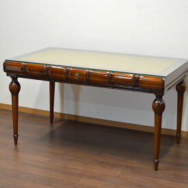 ★倉庫移転の為、総売り尽くしセール！★ マホガニー アンティーク調 ブック型 デスク 机 ダイニングテーブル 両側に引出しあり 作業デスク 作業台 大きめ 在宅ワーク 引出付き 木製テーブル 食卓 だ円 ヨーロピアン おしゃれ 輸入家具 エレガント 高級